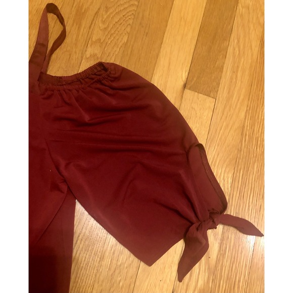 Maroon burgundy Off Shoulder Top Large Poof Tie Sleeves Boho Cottage holiday - Picture 10 of 13